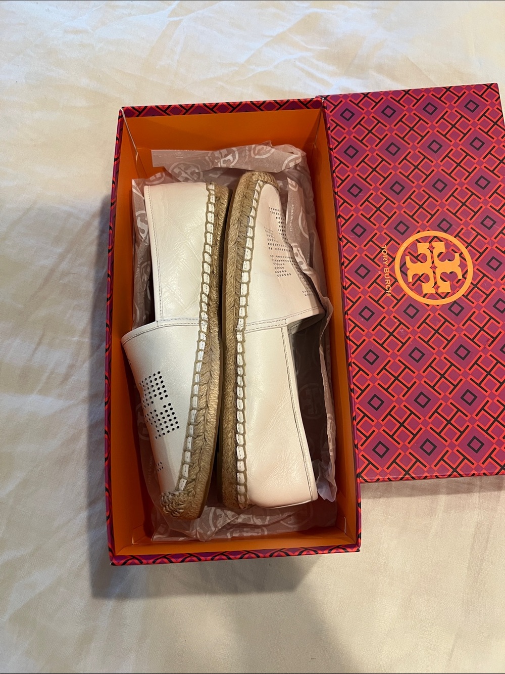 Tory Burch White Leather Espadrille Slip-Ons with Braided Sole